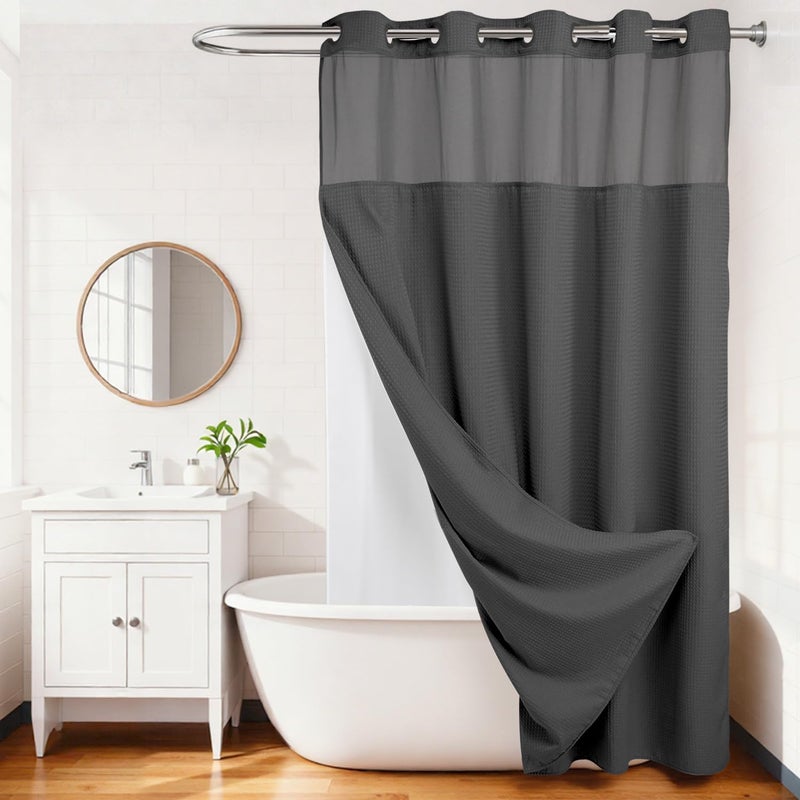 River Dream Heavyweight No Hooks Required Dotted Waffle Weave Shower Curtain with Snap in Liner -Extra Long 71W x 86H,Hotel Grade,Spa Like Bath Curtain,Graphite Grey - Image 2